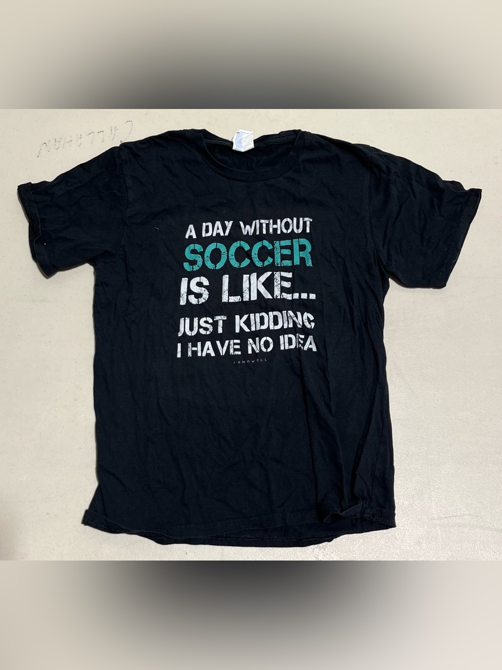 Port and Company Black Tee with Teal and White Soccer Graphic